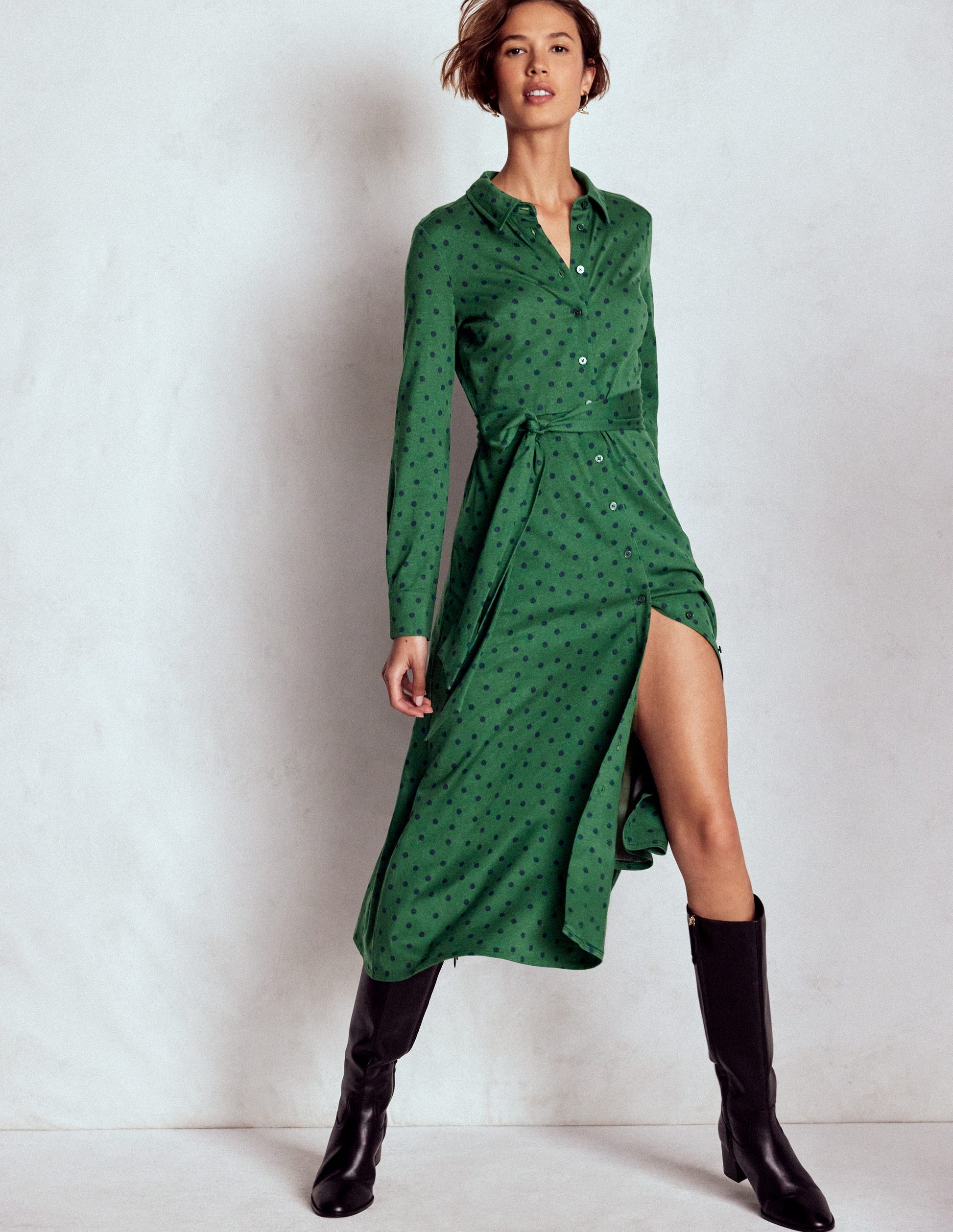 Marcia Jersey Shirt Dress-Hunter Green, Painted Dot-4