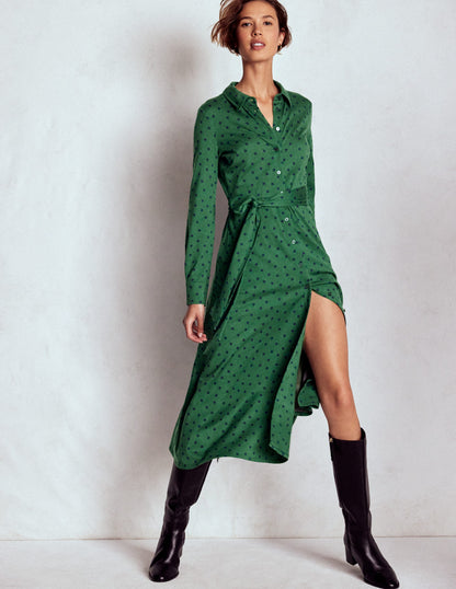 Marcia Jersey Shirt Dress-Hunter Green, Painted Dot-4