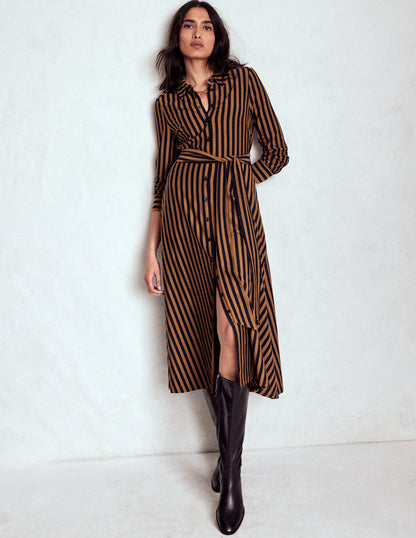 Marcia Jersey Shirt Dress-Gingerbread, Navy Stripe-1