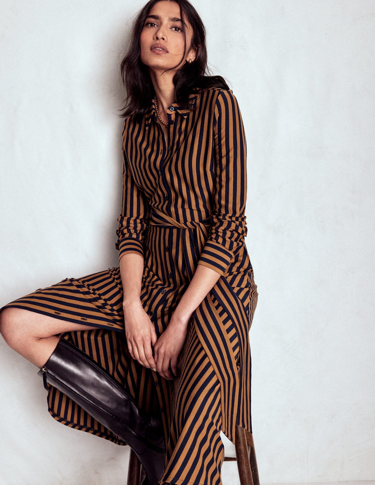 Marcia Jersey Shirt Dress-Gingerbread, Navy Stripe