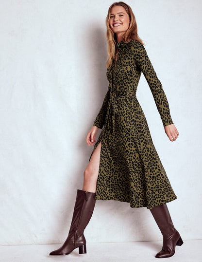 Marcia Jersey Shirt Dress-Military Olive, Brushed Animal-5
