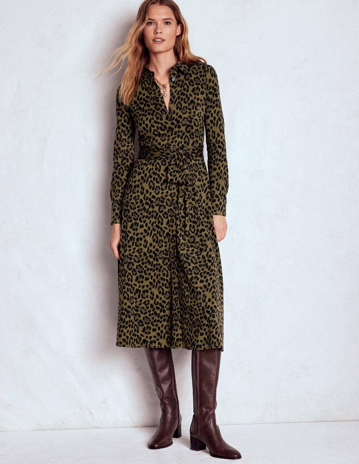 Marcia Jersey Shirt Dress-Military Olive, Brushed Animal - Image 6