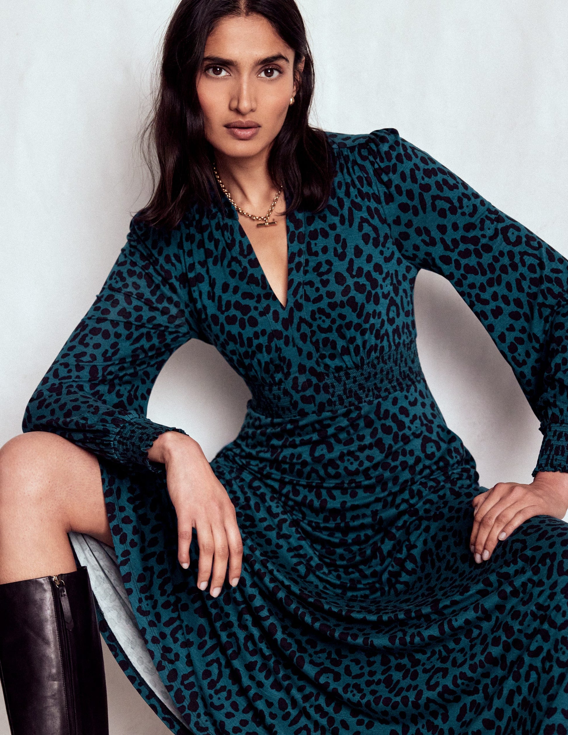 Ivy Smocked Midi Dress-Midnight Ocean, Brushed Animal | Boden Global Ivy Smocked Midi Dress-Midnight Ocean, Brushed Animal | Boden Global