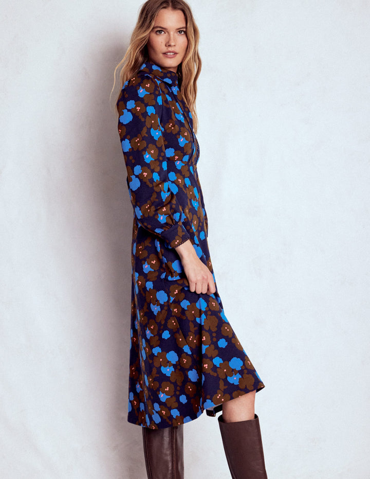 Pip Zip-Up Ponte Midi Dress-French Navy, Garden Blossom