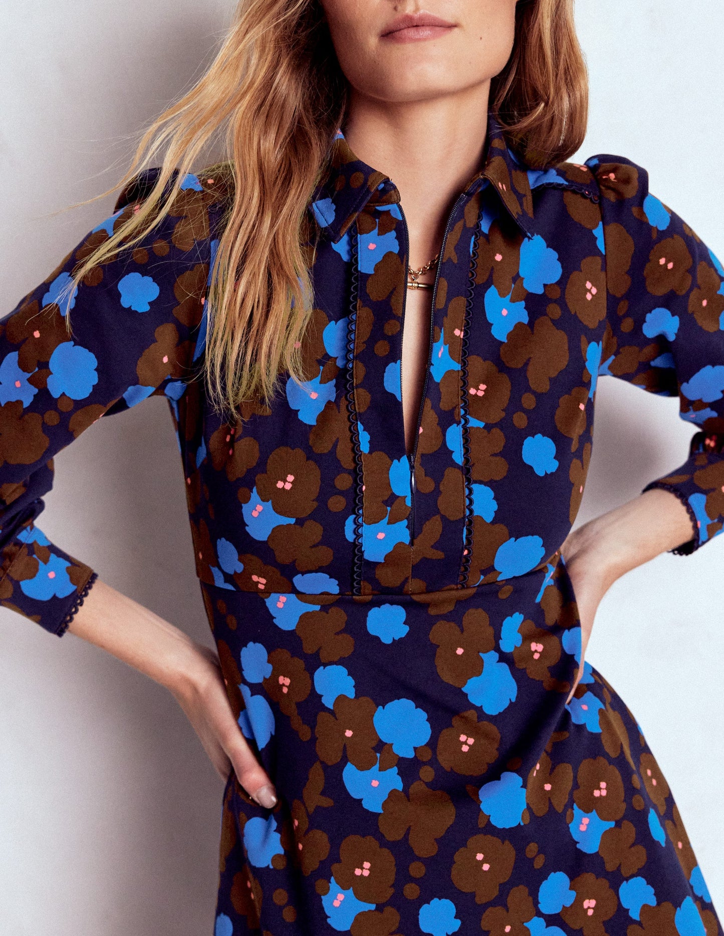 Pip Zip-Up Ponte Midi Dress-French Navy, Garden Blossom