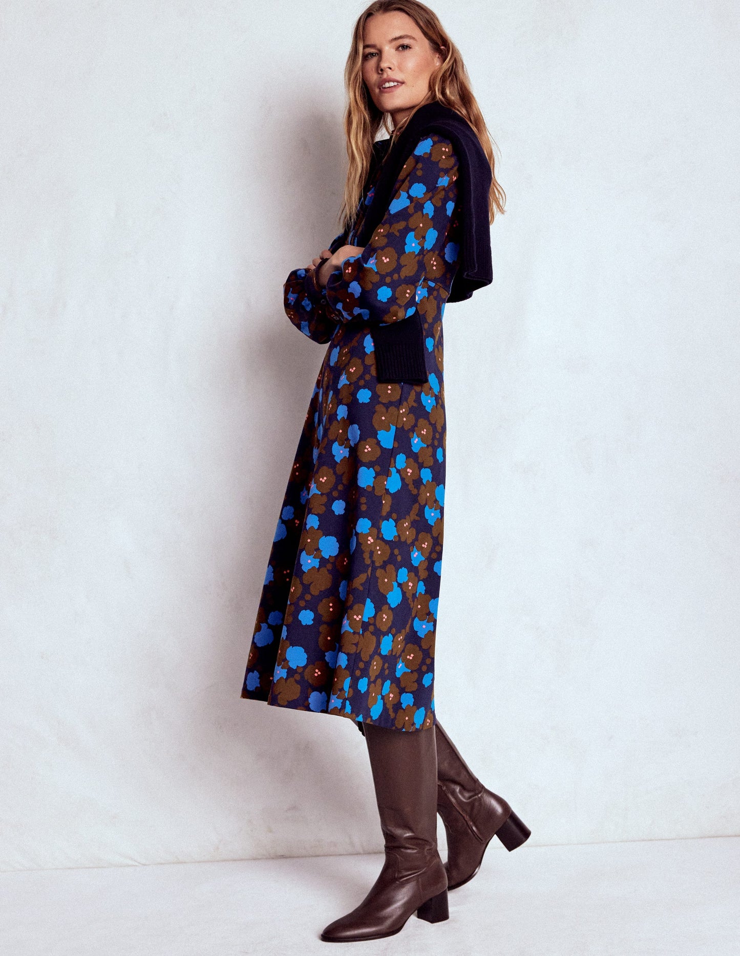 Pip Zip-Up Ponte Midi Dress-French Navy, Garden Blossom