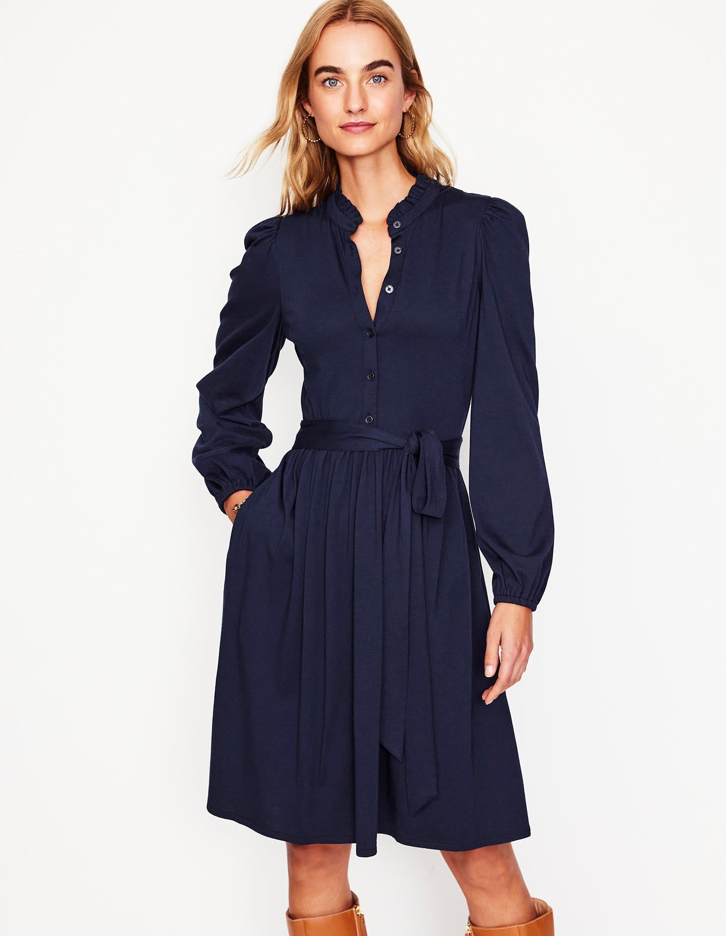 Willow Frill Short Shirt Dress-Navy-4