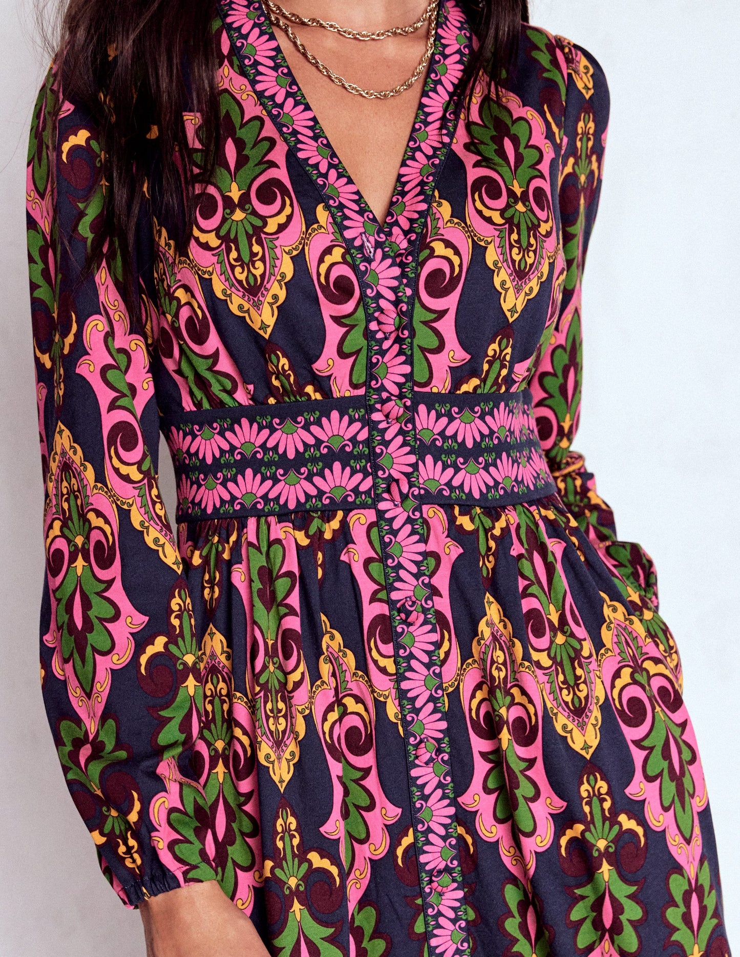 Natalia Long Sleeve Tea Dress-French Navy, Ornate Charm