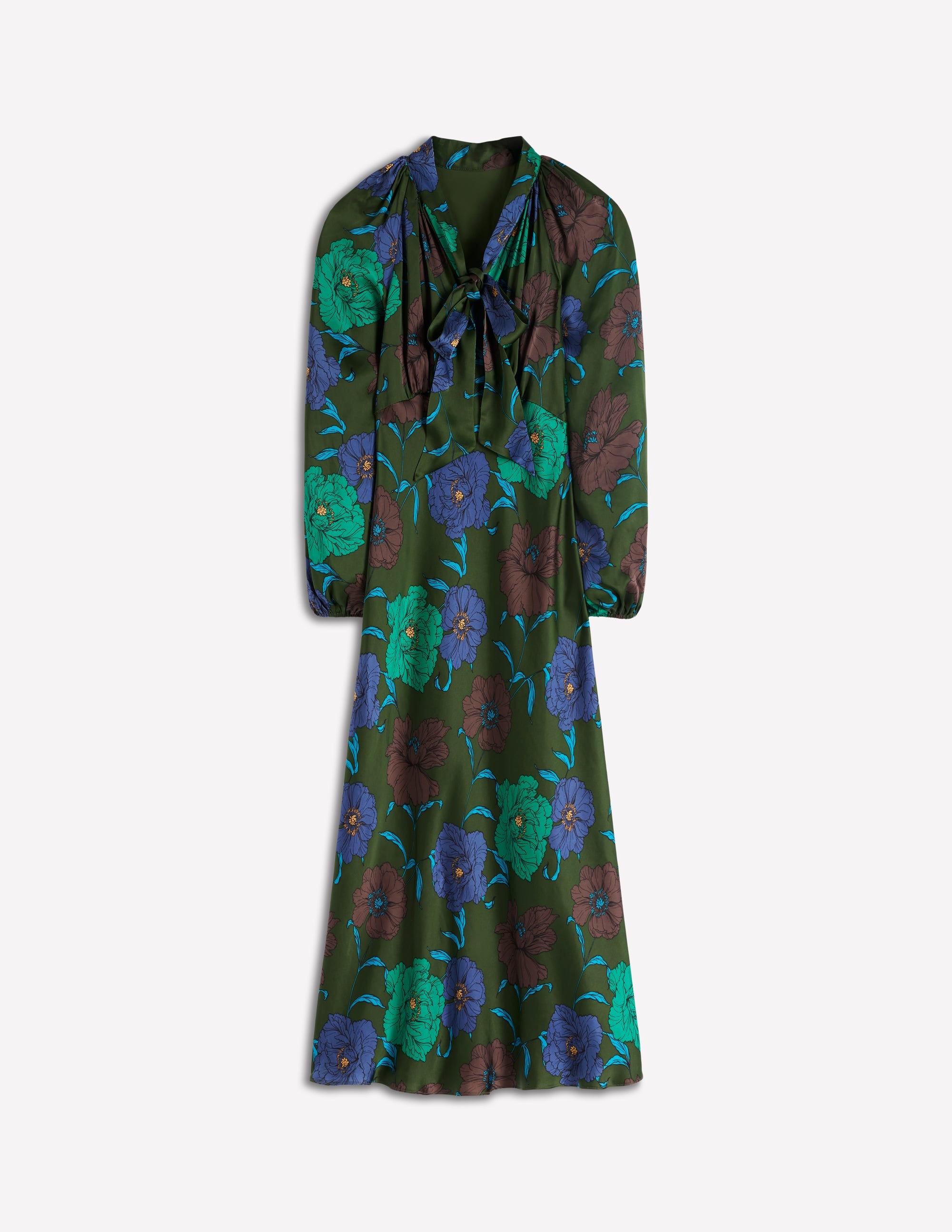 Tie Neck Satin Midi Dress-Green Fir, Peony Bloom - Image 7