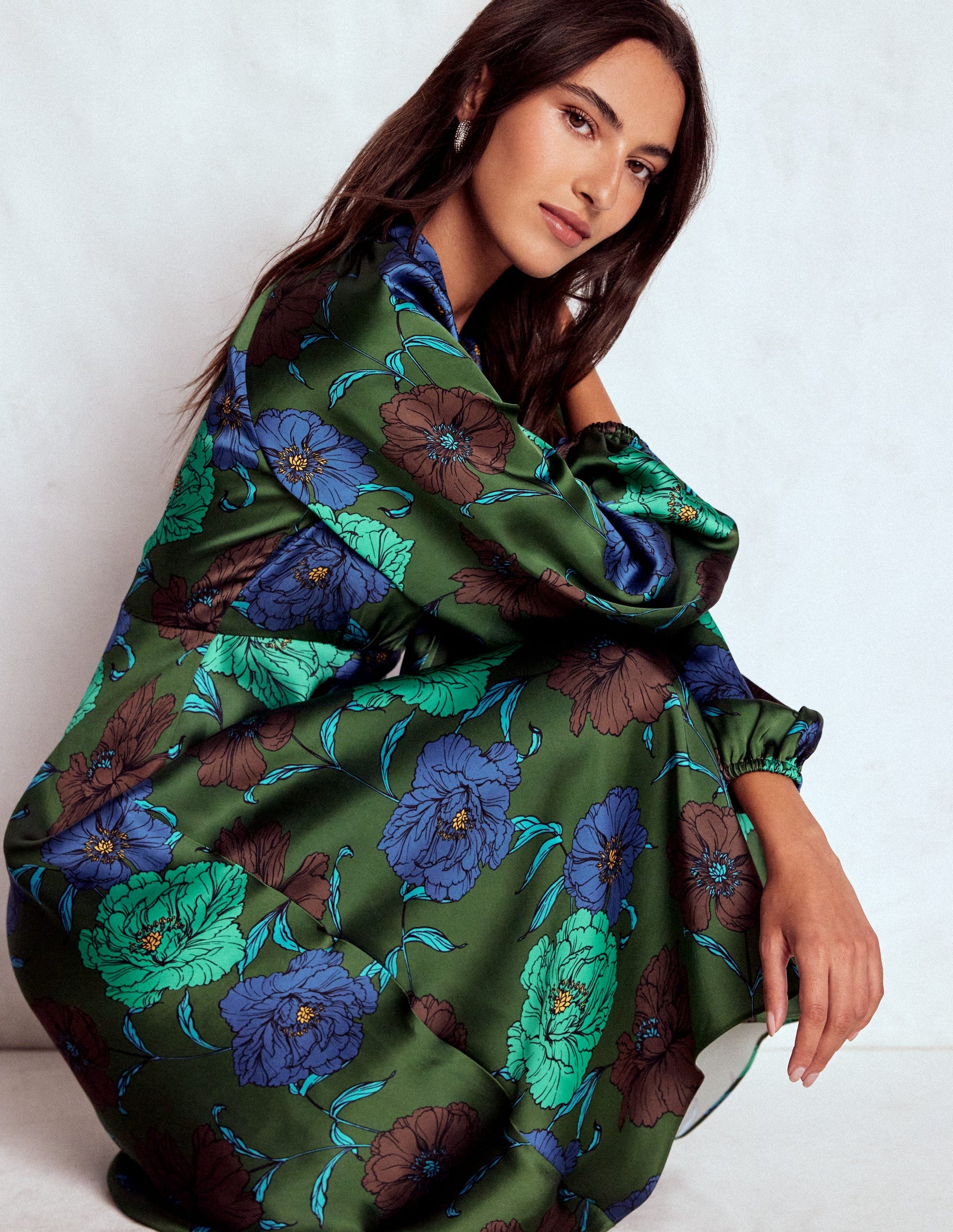 Tie Neck Satin Midi Dress-Green Fir, Peony Bloom-2