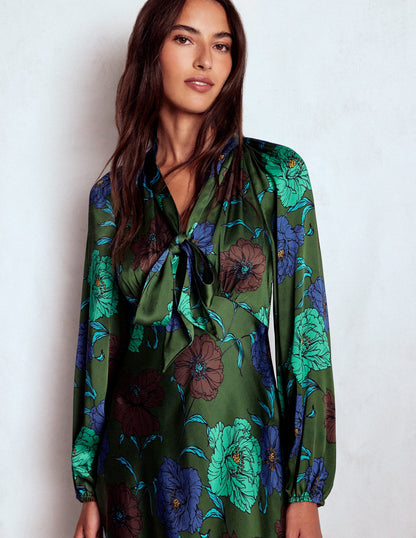 Tie Neck Satin Midi Dress-Green Fir, Peony Bloom-3