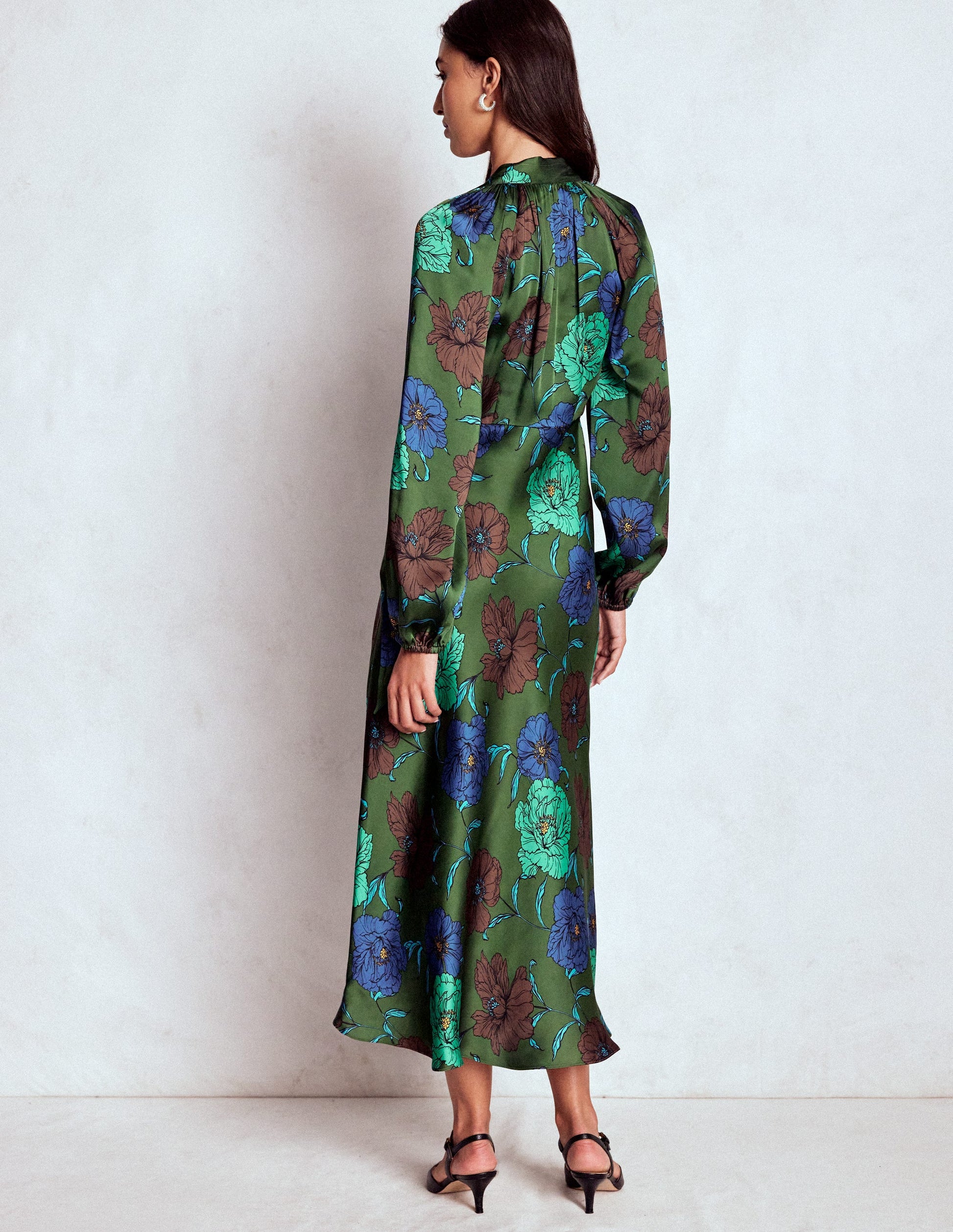 Tie Neck Satin Midi Dress-Green Fir, Peony Bloom-4