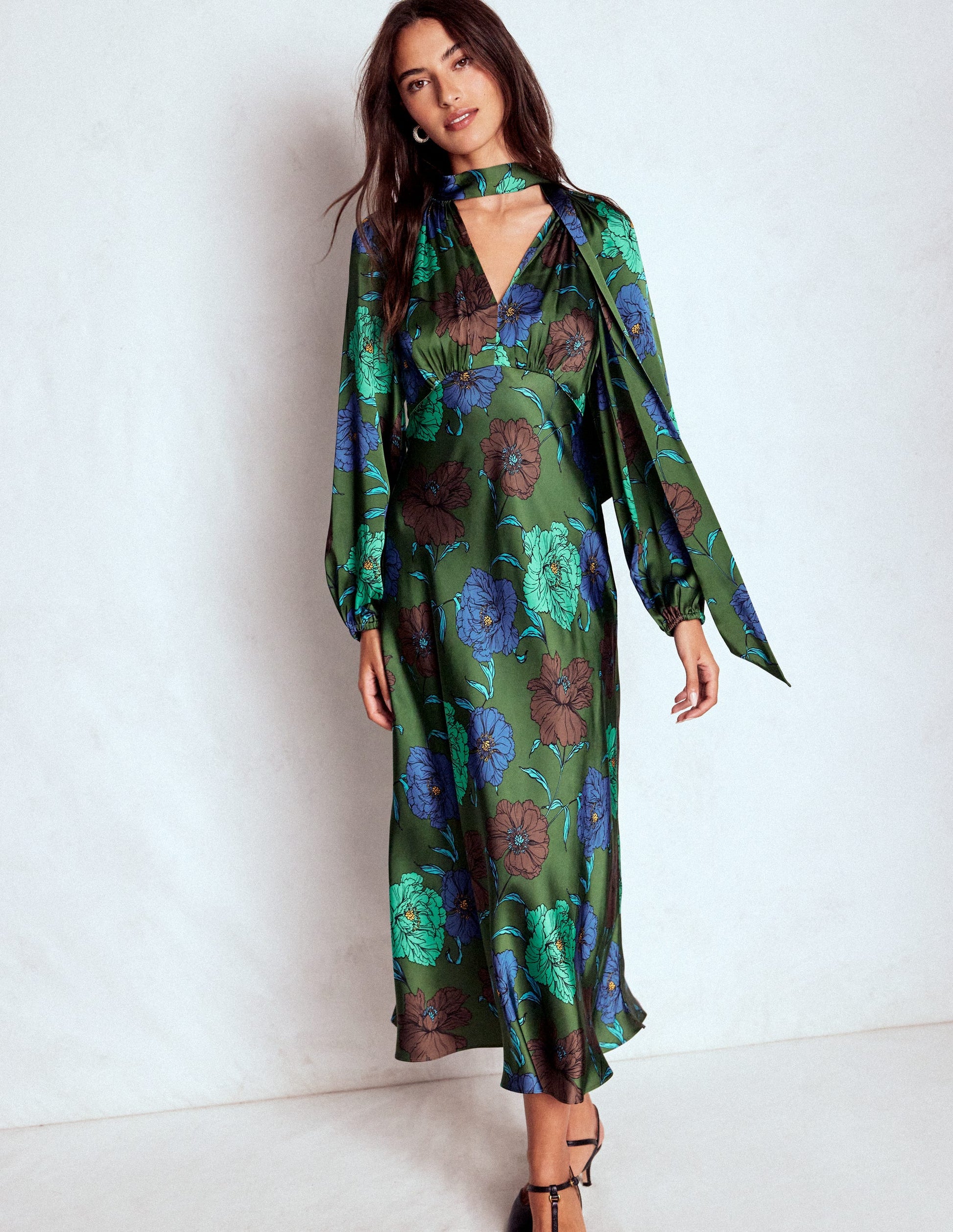 Tie Neck Satin Midi Dress-Green Fir, Peony Bloom-5