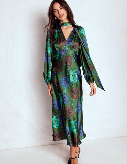 Tie Neck Satin Midi Dress-Green Fir, Peony Bloom-5