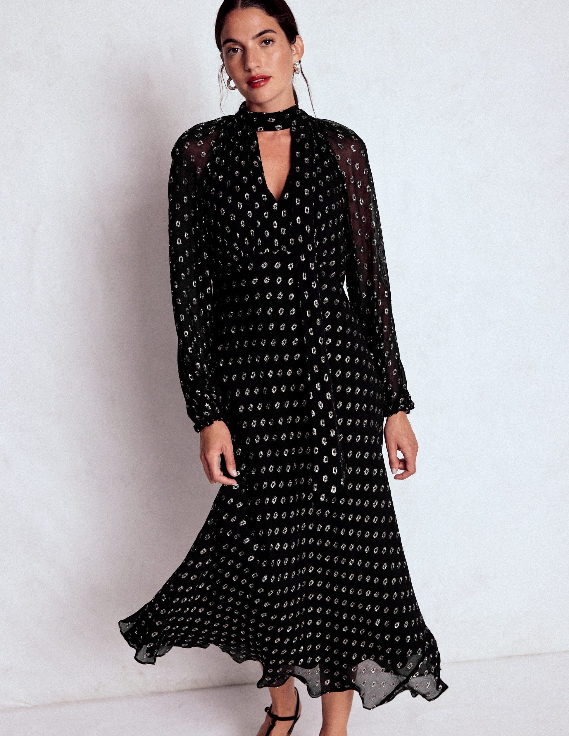 Tie Neck Midi Dress - Black and Silver Clip