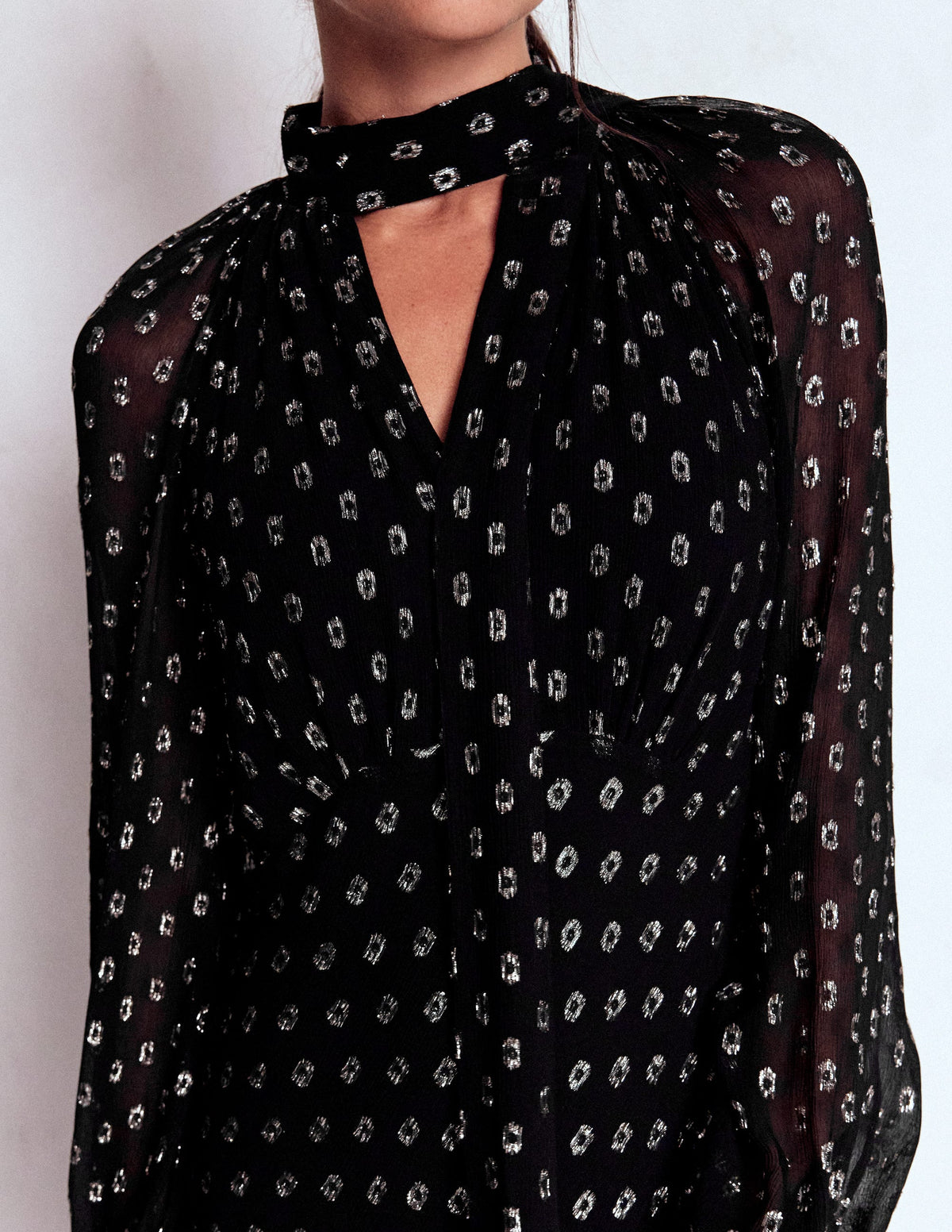 Tie Neck Midi Dress-Black and Silver Clip - Image 2