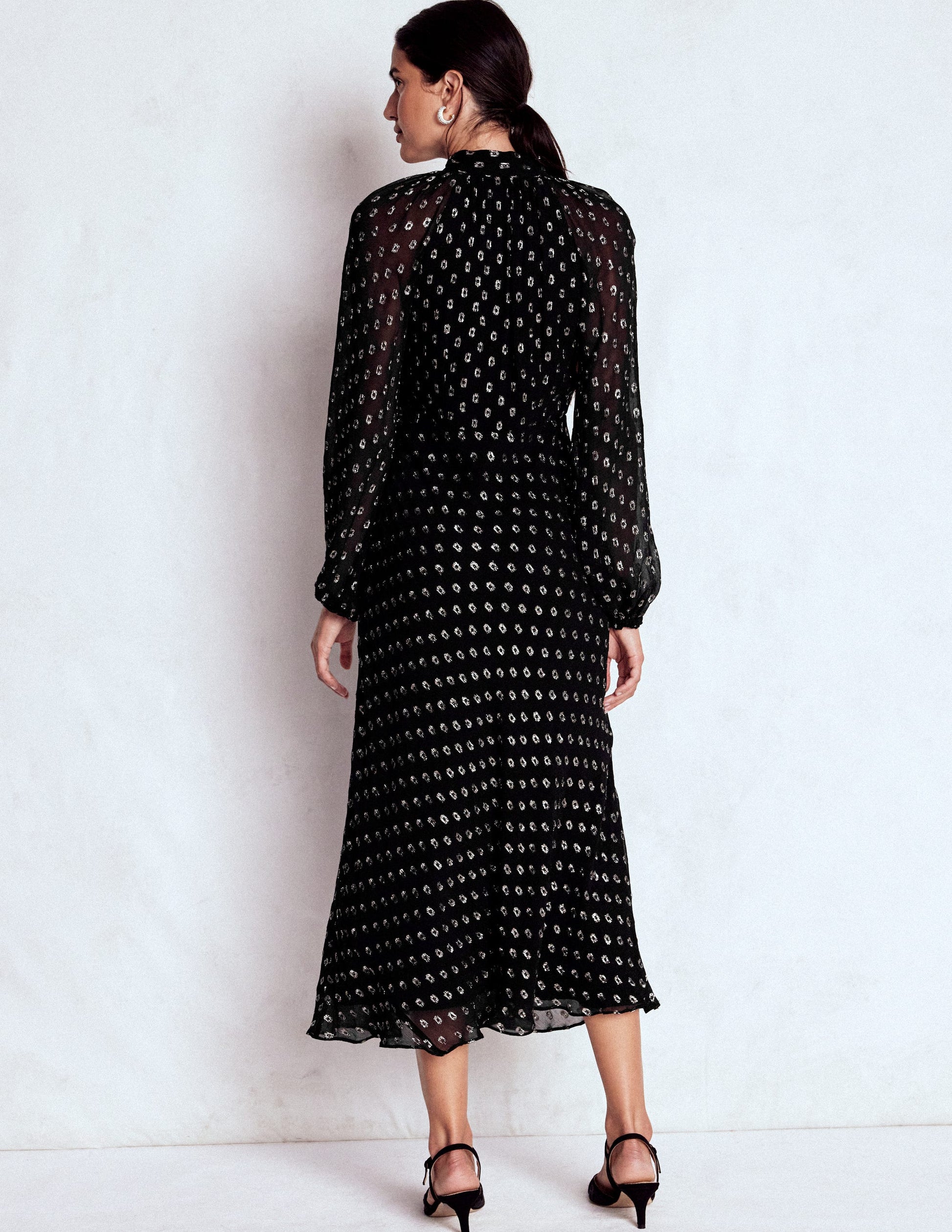 Tie Neck Midi Dress-Black and Silver Clip-4