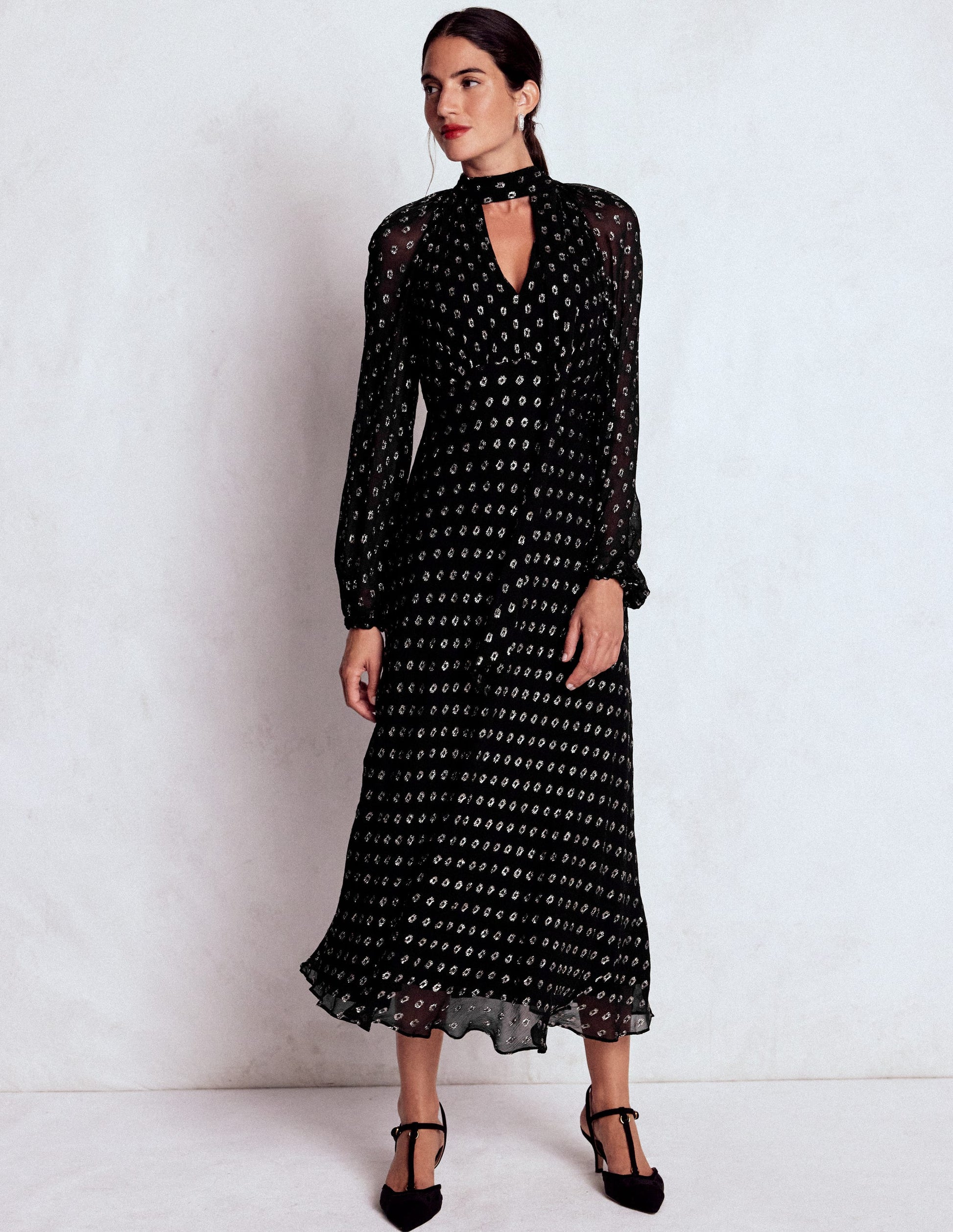 Tie Neck Midi Dress-Black and Silver Clip-5