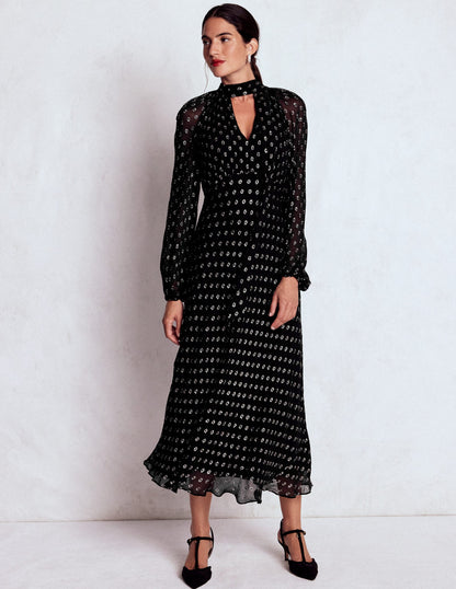 Tie Neck Midi Dress-Black and Silver Clip-5