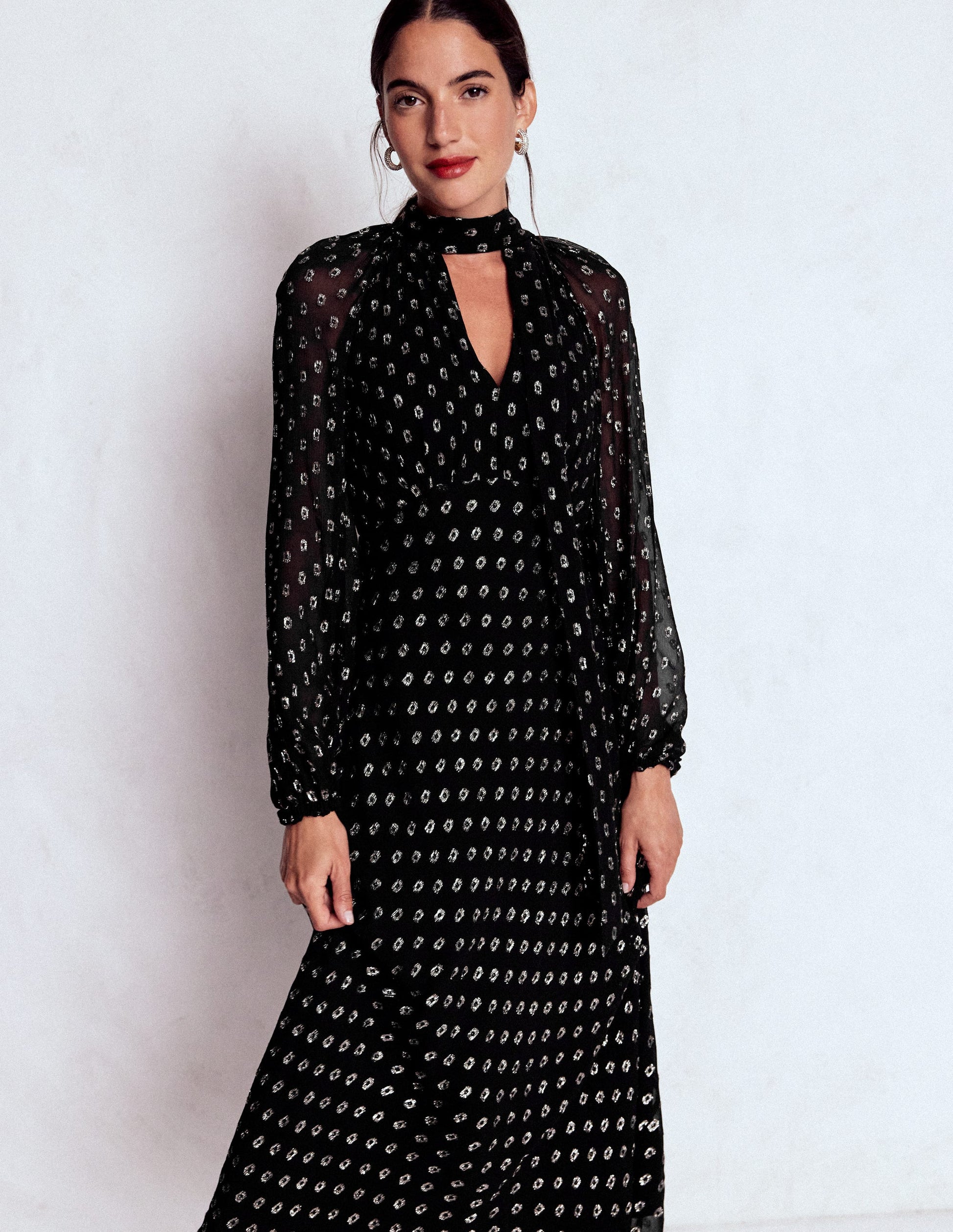 Tie Neck Midi Dress-Black and Silver Clip-6