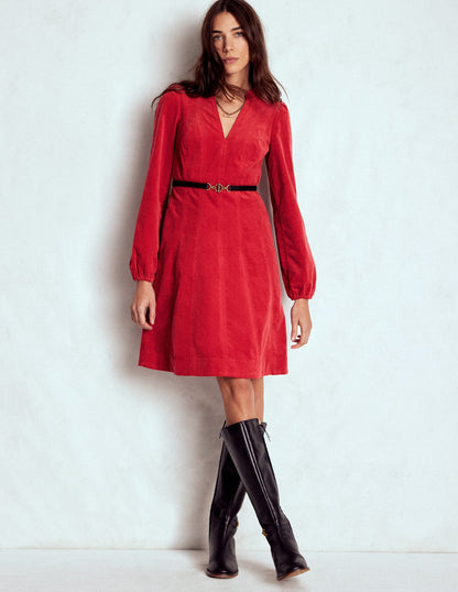 Ros Panelled Cord Short Dress-Crimson Red-2