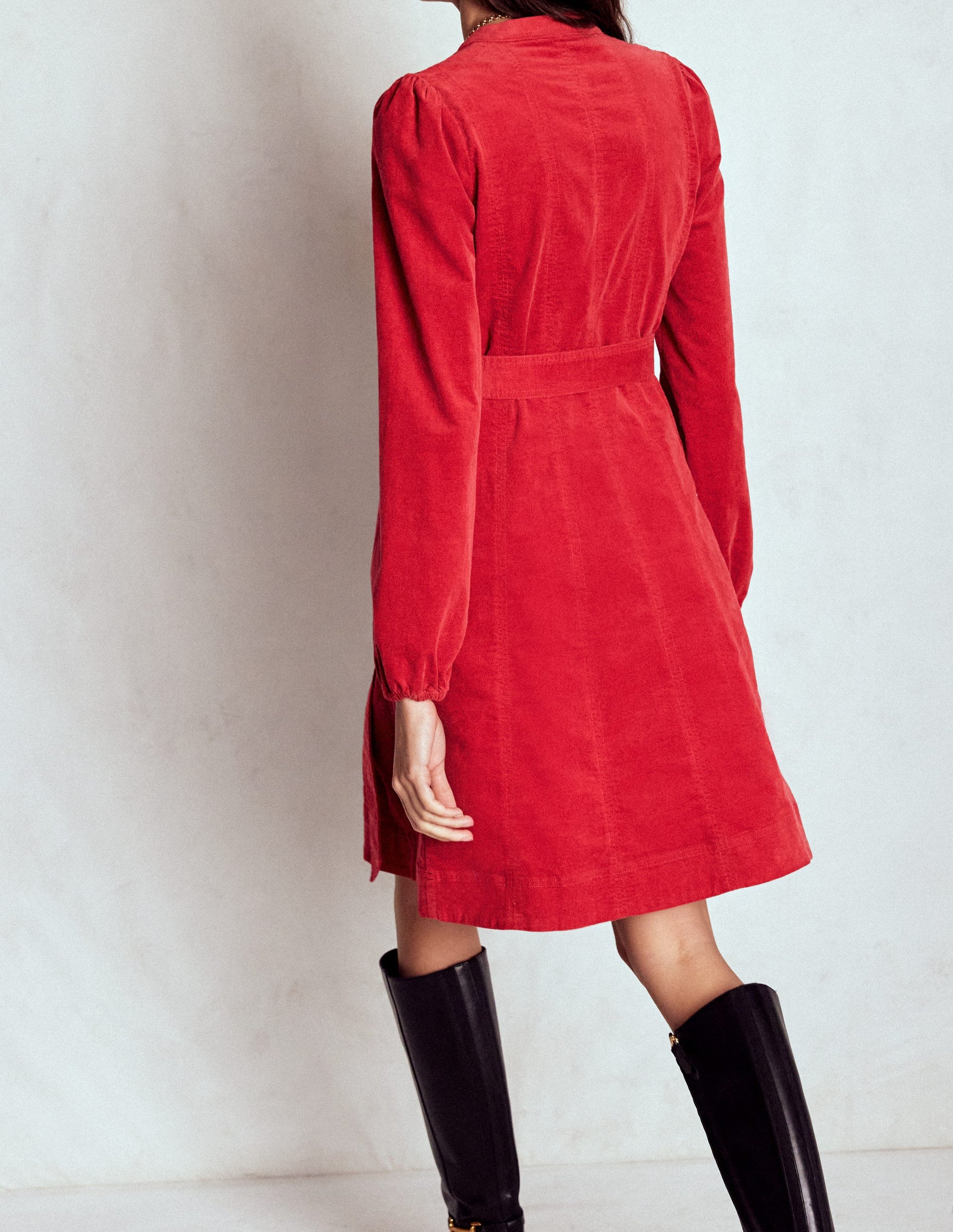 Ros Panelled Cord Short Dress-Crimson Red-4