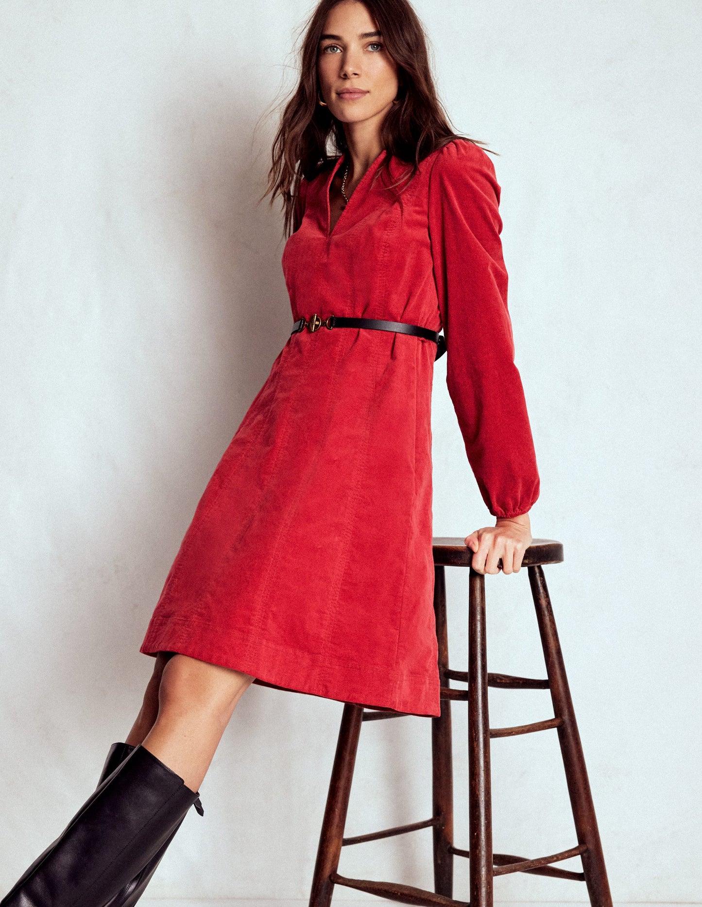 Ros Panelled Cord Short Dress-Crimson Red