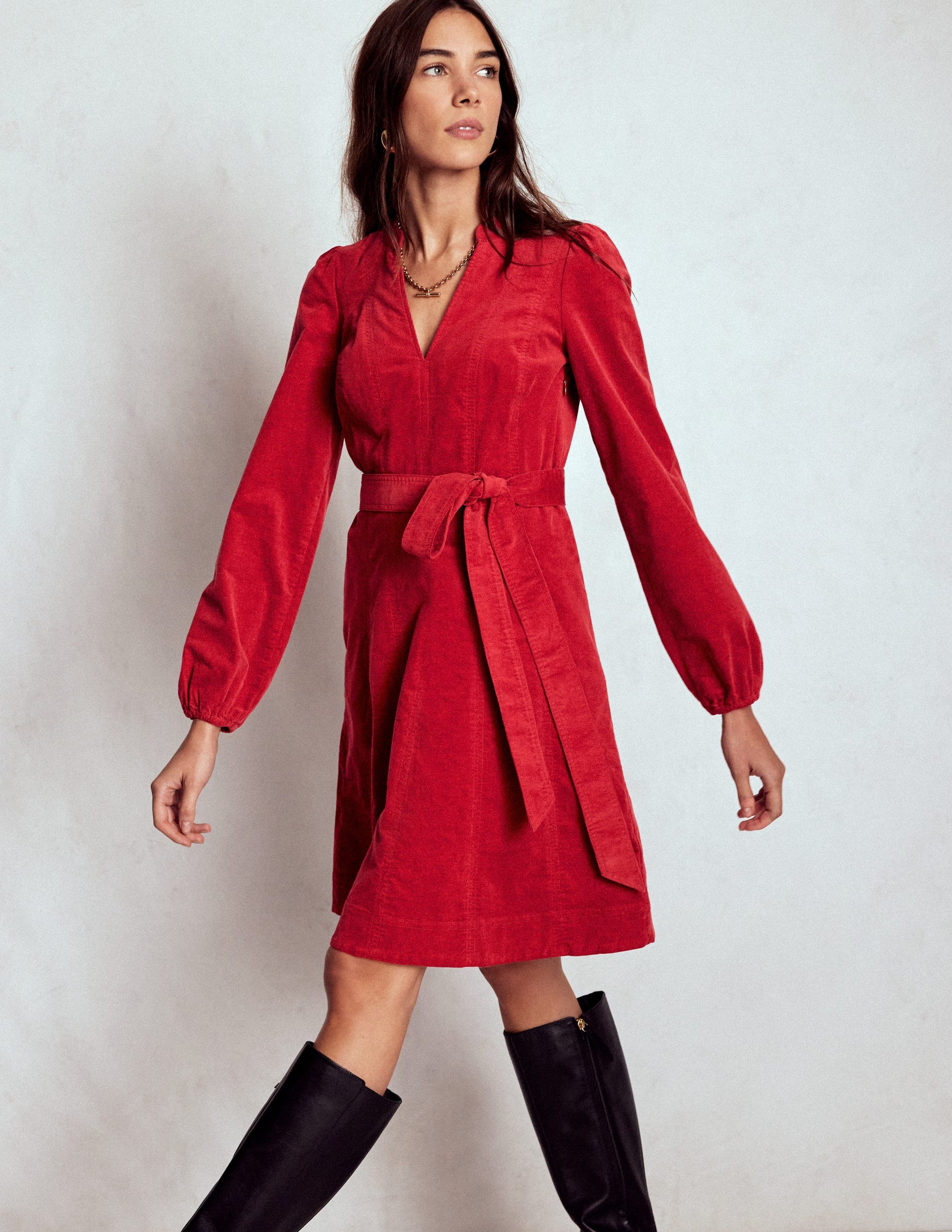 Ros Panelled Cord Short Dress-Crimson Red-6