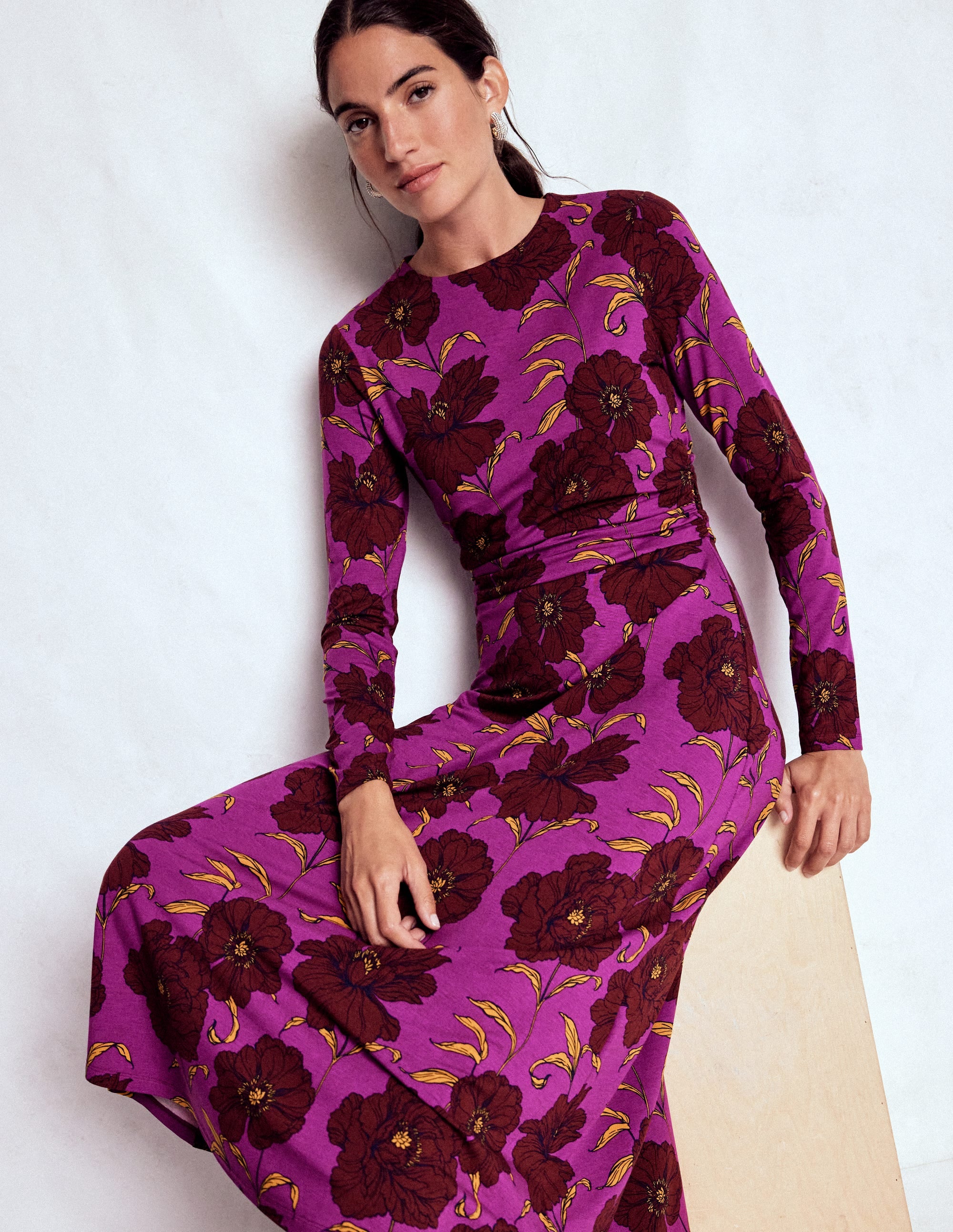 Ruched Jersey Midi Dress-Regal Purple, Peony Bloom - Image 1