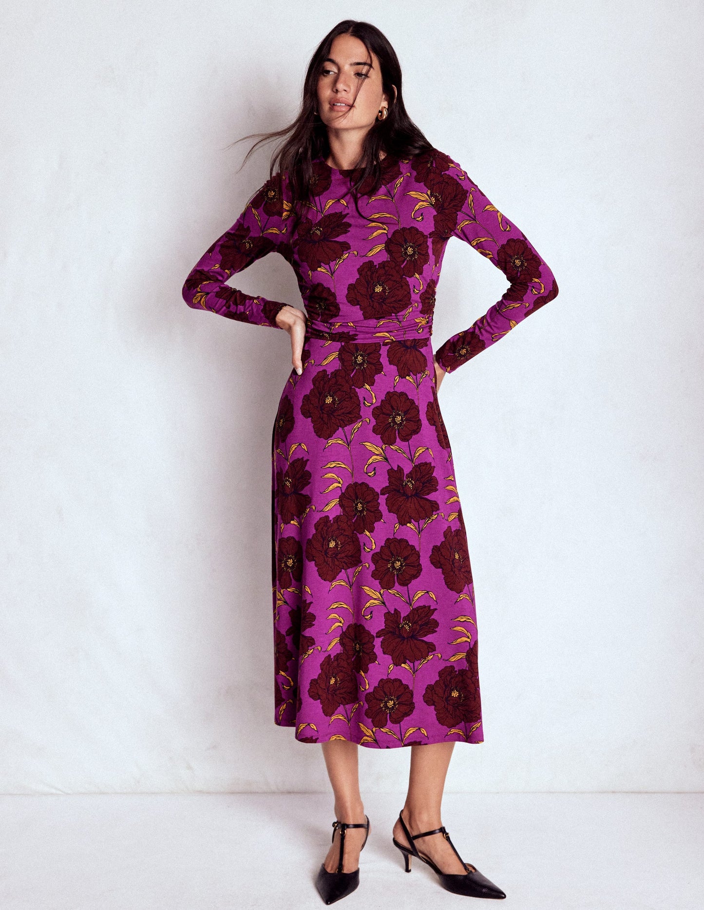 Ruched Jersey Midi Dress-Regal Purple, Peony Bloom