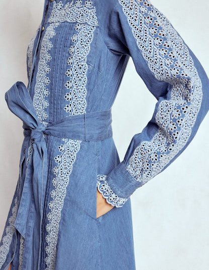 Ruffle Placket Chambray Dress-Light Blue Chambray-3