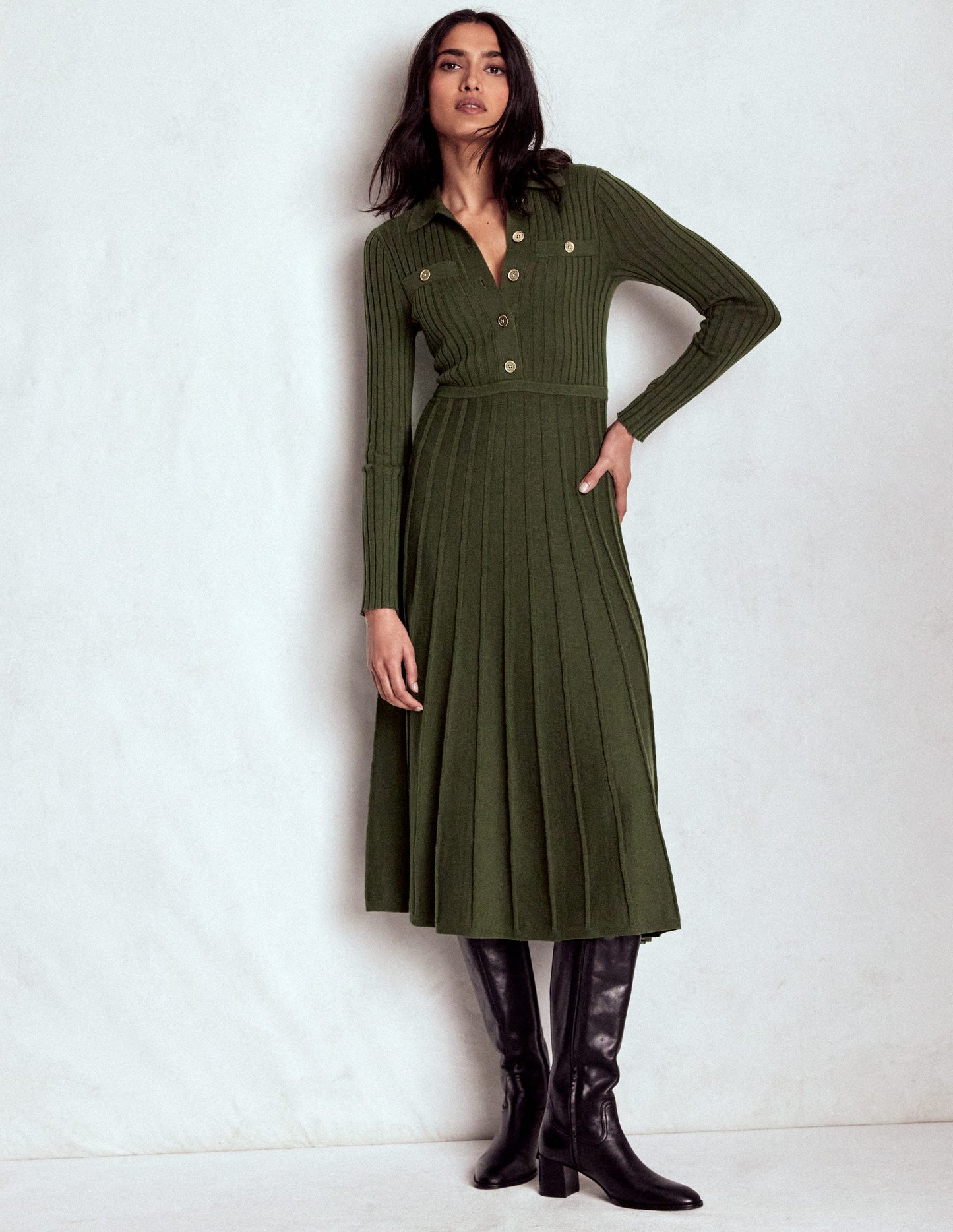 Brönte Knitted Rib Shirt Dress-Woodland Green