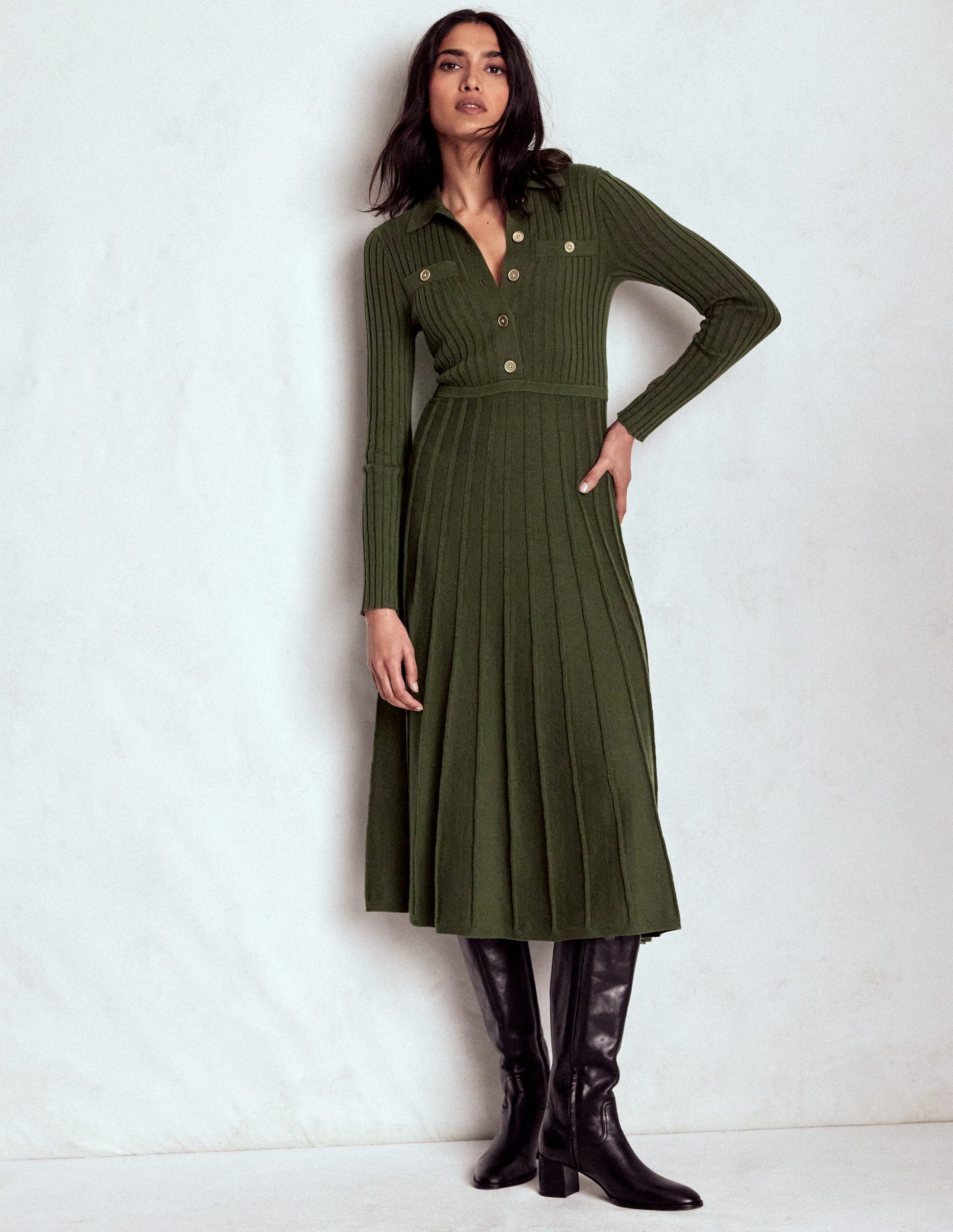Brönte Knitted Rib Shirt Dress-Woodland Green-1