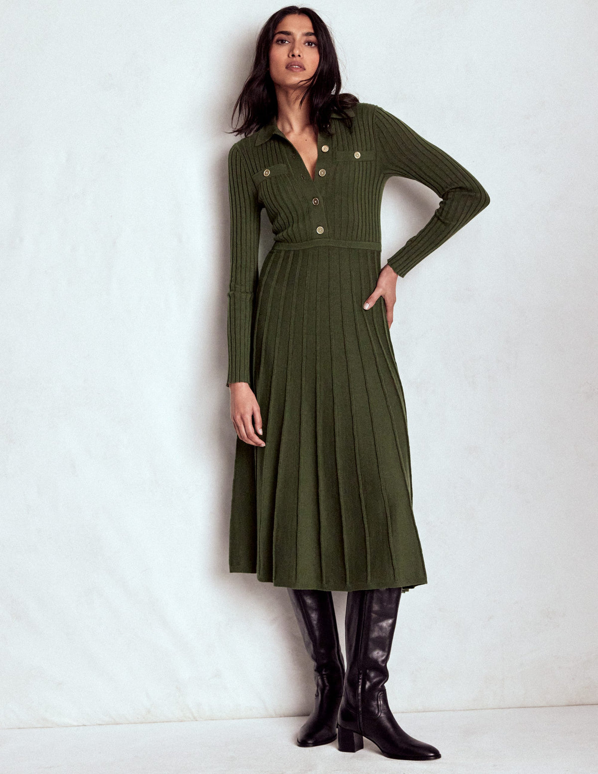 Brönte Knitted Rib Shirt Dress-Woodland Green - Image 1