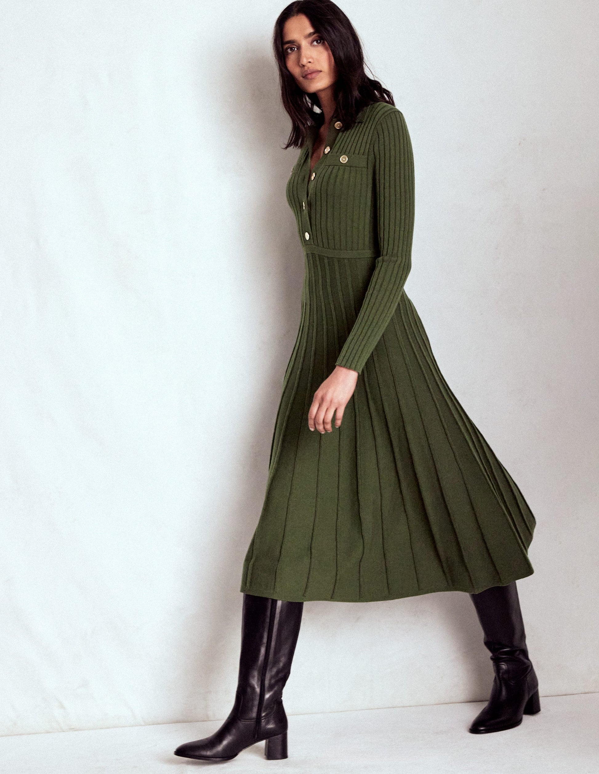 Brönte Knitted Rib Shirt Dress-Woodland Green-4