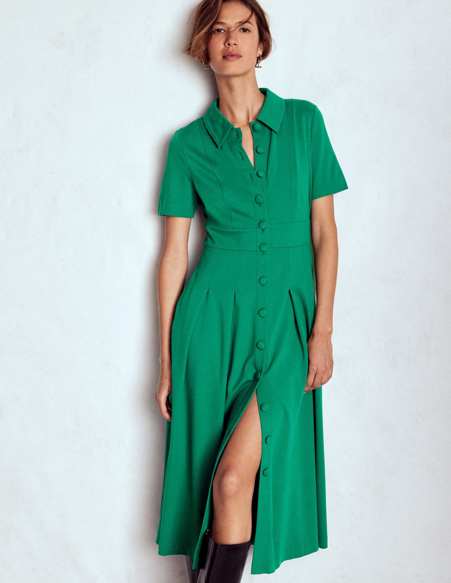 Bridget Ponte Shirt Dress-Jewel Green