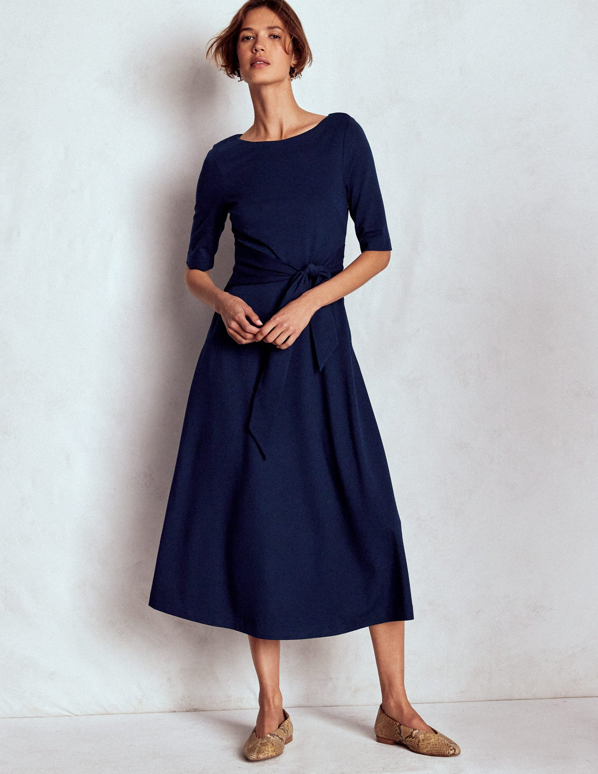 Mathilde Tie Waist Ponte Dress-Navy - Image 1
