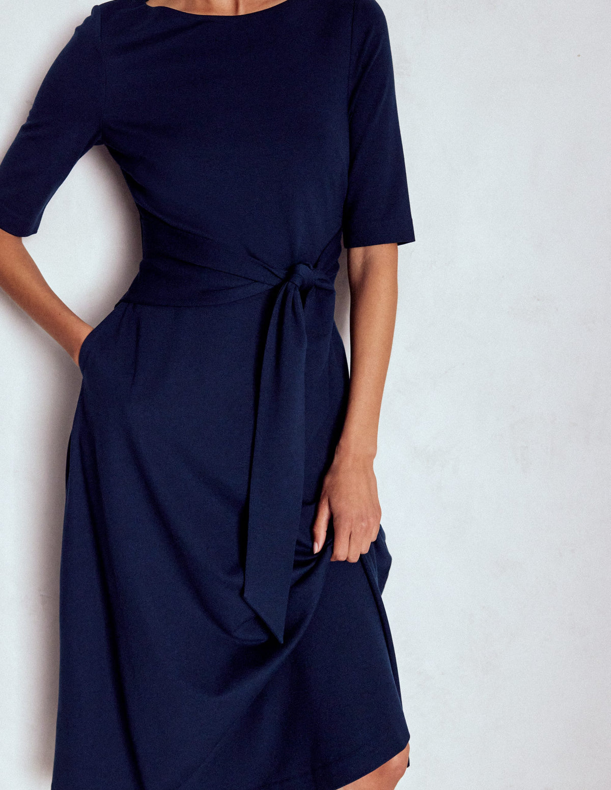 Mathilde Tie Waist Ponte Dress-Navy - Image 2