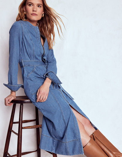 Zip Denim Straight Dress-Mid Vintage Denim-5