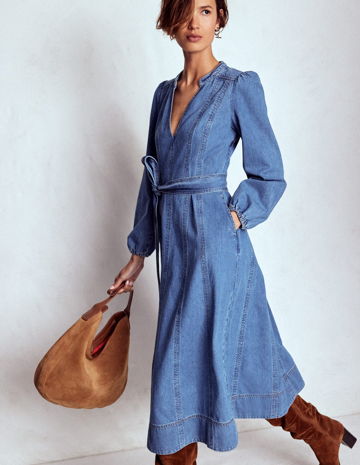 Flared Panel Denim Dress-Mid Vintage - Image 1