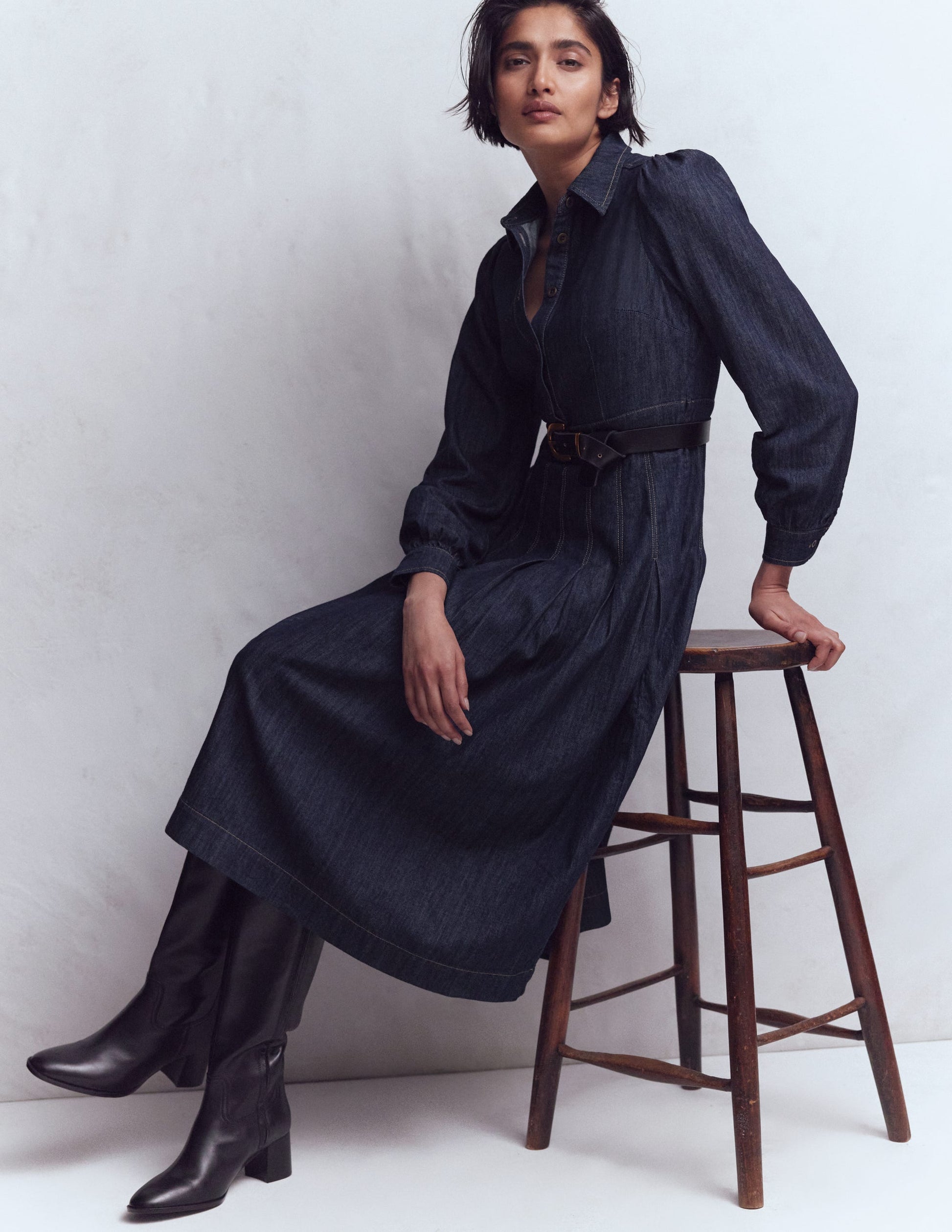 Pleat Skirt Denim Midi Dress-Indigo-1