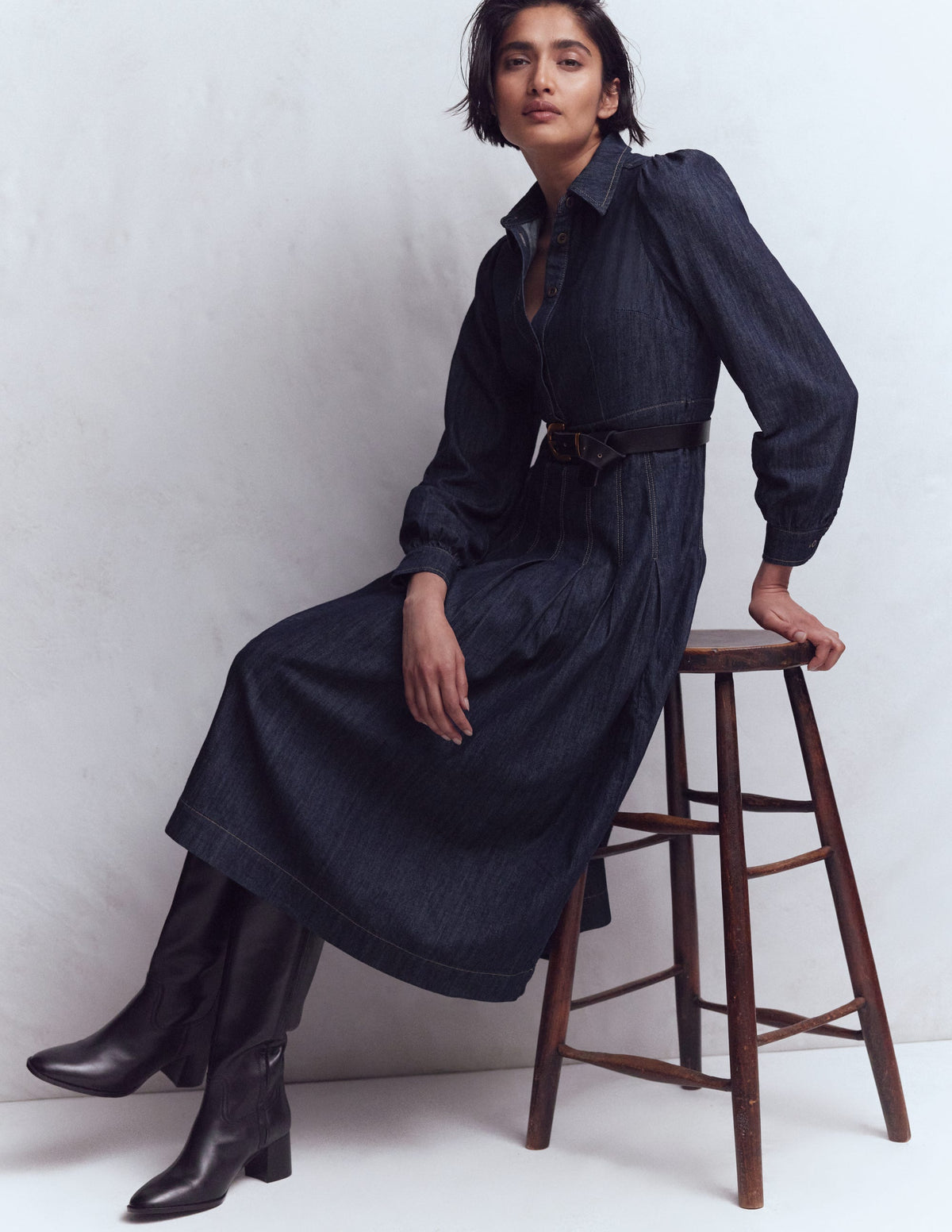 Pleat Skirt Denim Midi Dress-Indigo Wash - Image 2