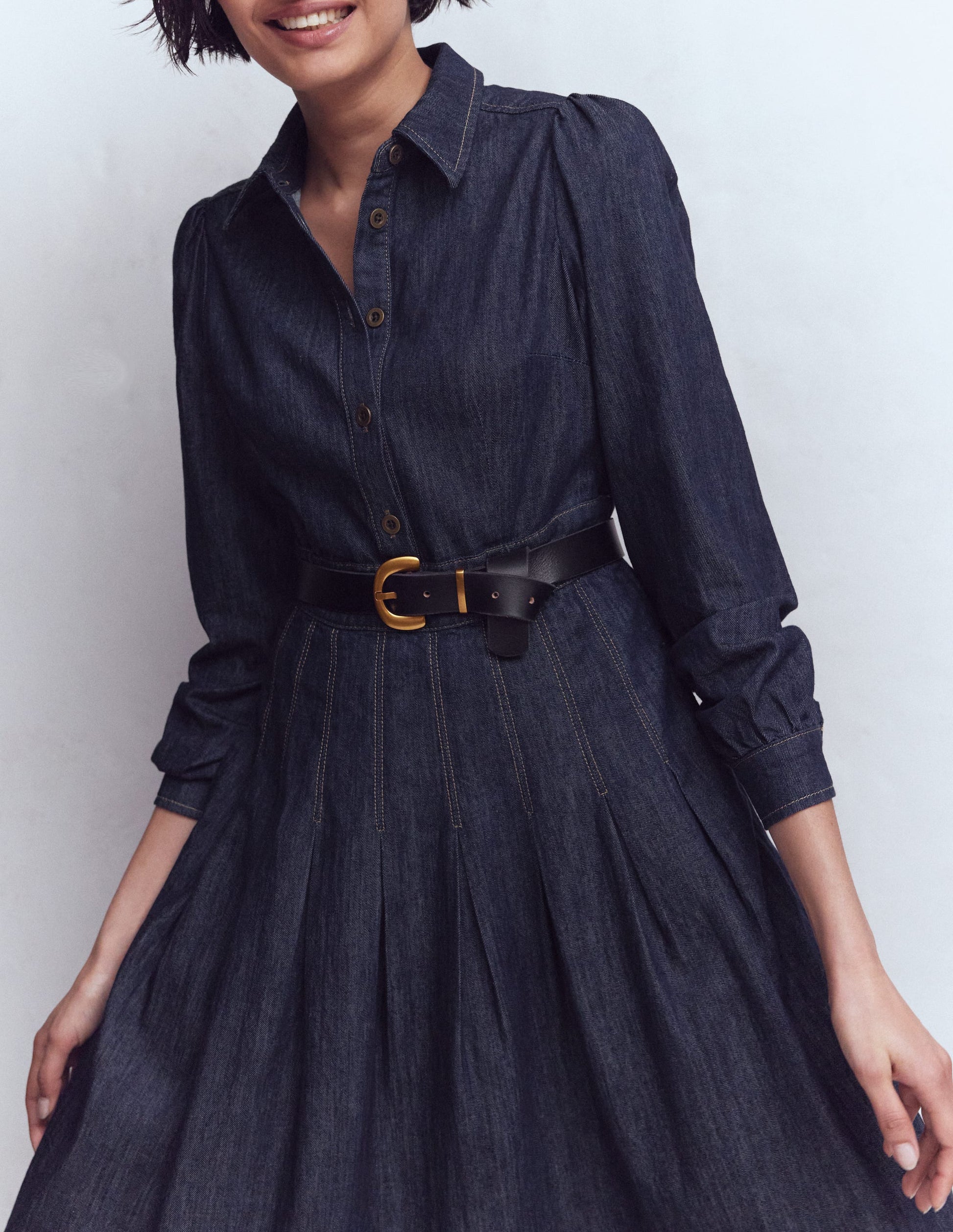 Pleat Skirt Denim Midi Dress-Indigo-2