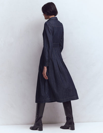 Pleat Skirt Denim Midi Dress-Indigo-3