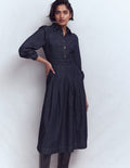 Pleat Skirt Denim Midi Dress-Indigo Wash