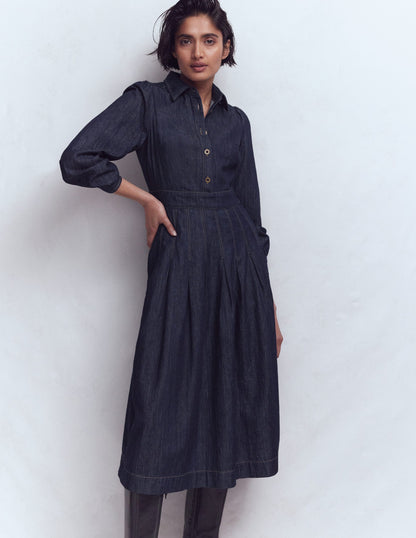 Pleat Skirt Denim Midi Dress-Indigo-4