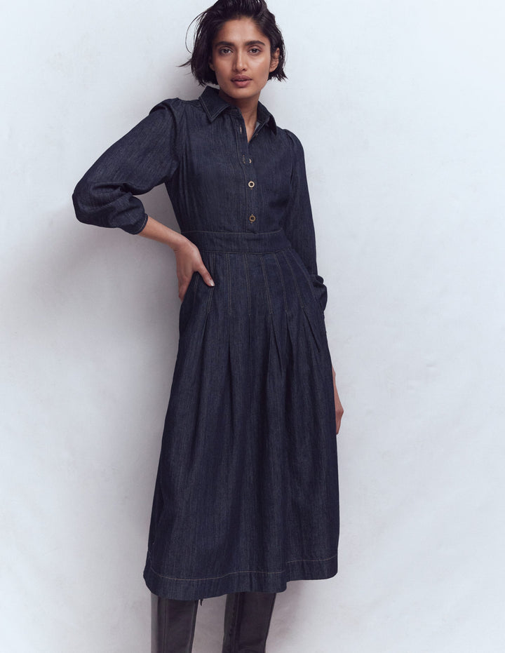 Pleat Skirt Denim Midi Dress-Indigo Wash