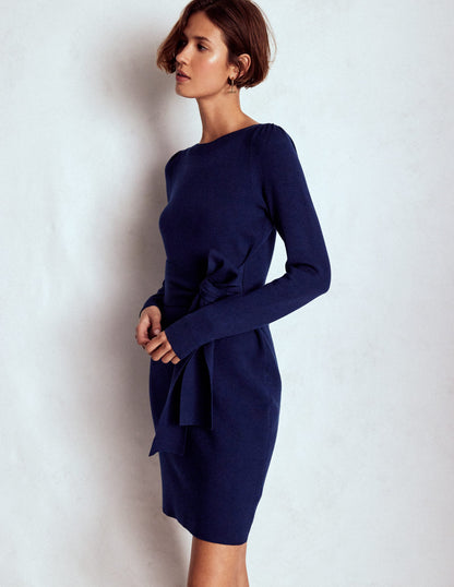 Tiana Tie Front Knitted Dress-Navy-1