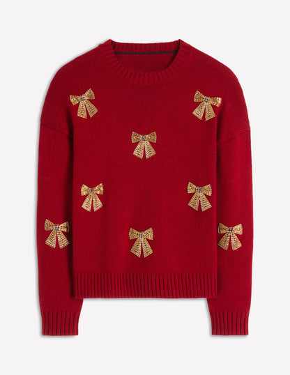 Natalie Embroidered Jumper-Red, Embellished Bows-6