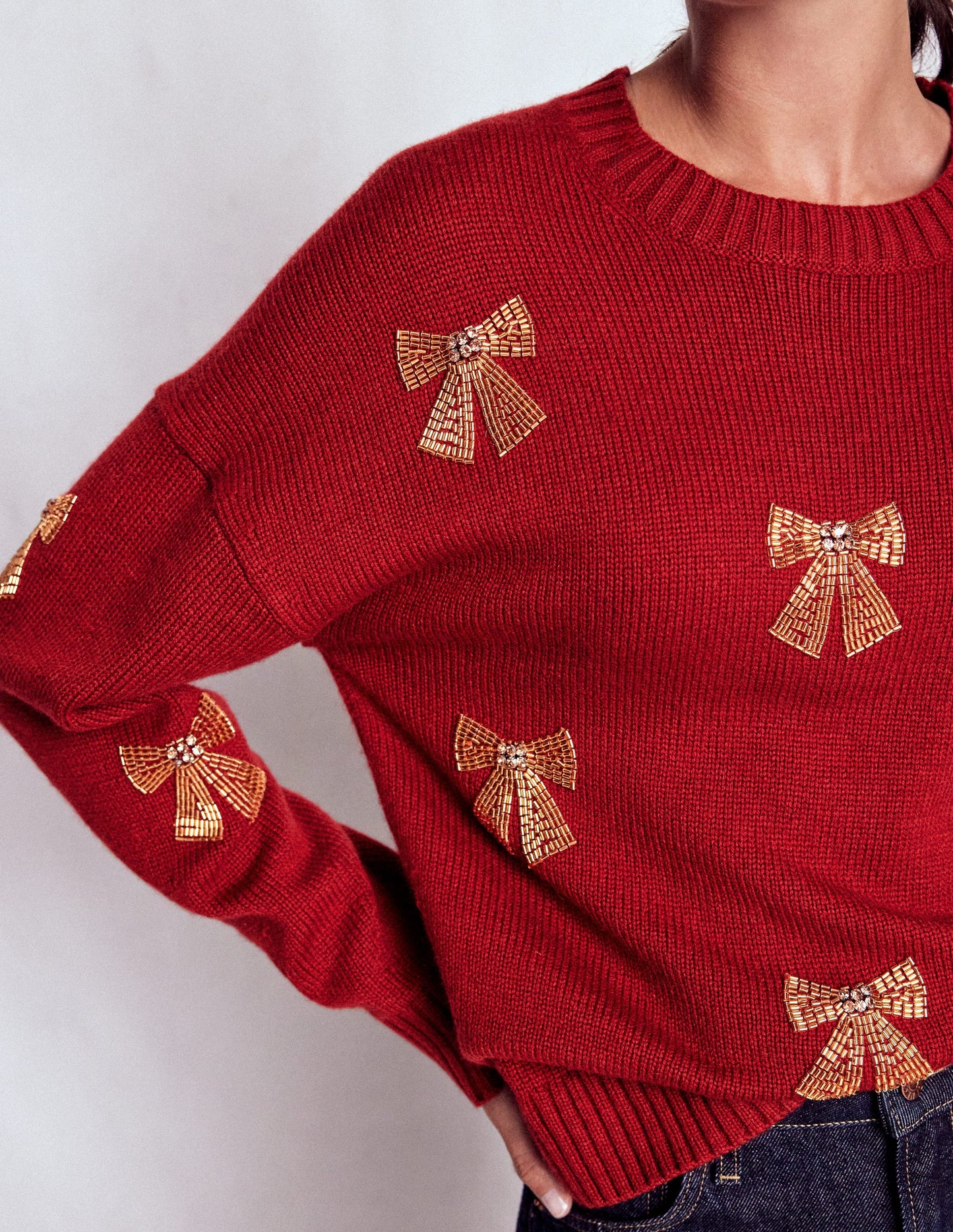 Natalie Embroidered Jumper-Red, Embellished Bows